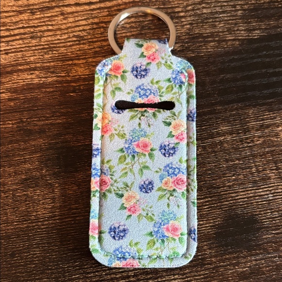 Unbranded Accessories - Floral Chapstick Holder Keychain Blue Pink Green Rose Hydrangea Neoprene Sleeve